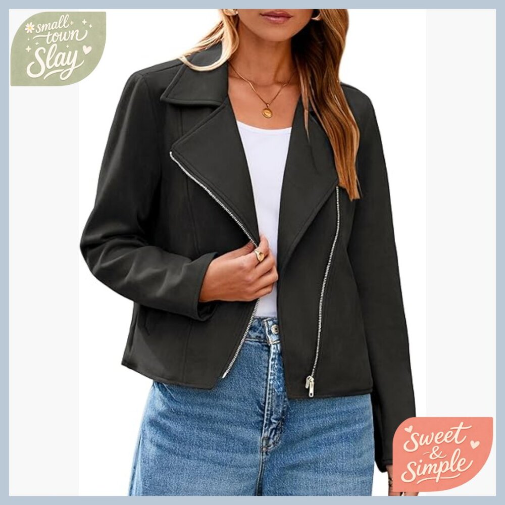 Faux Suede Cropped Biker Jacket with Zipper Closure and Side Pockets